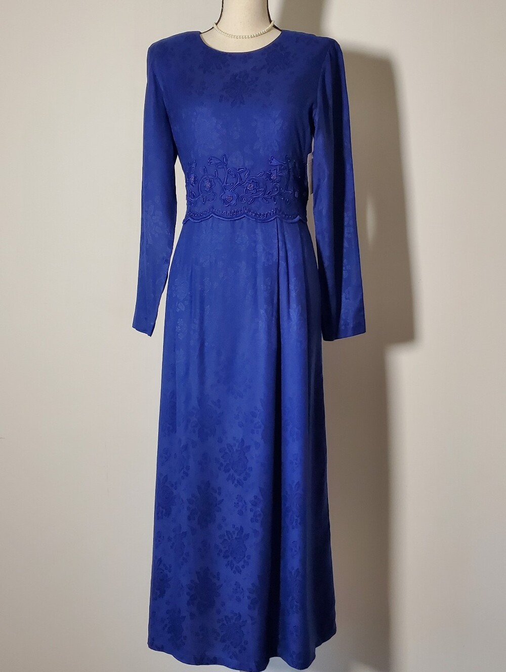 Vintage Sarah Elizabeth Royal Blue Long-Sleeve Maxi Dress Embroidered Waist Sz 8